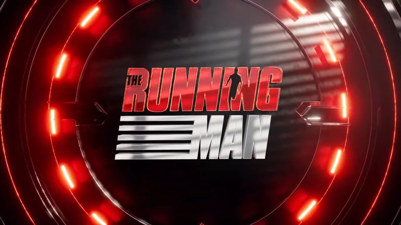The Running Man 2025 movie logo with red circular lights and metallic typography