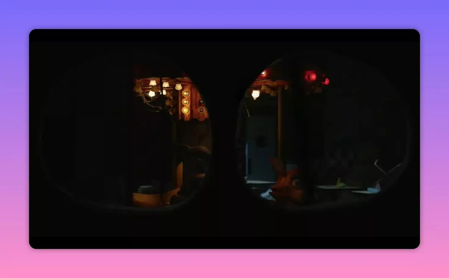 View through two circular peepholes revealing dim interior lights and an animatronic figure