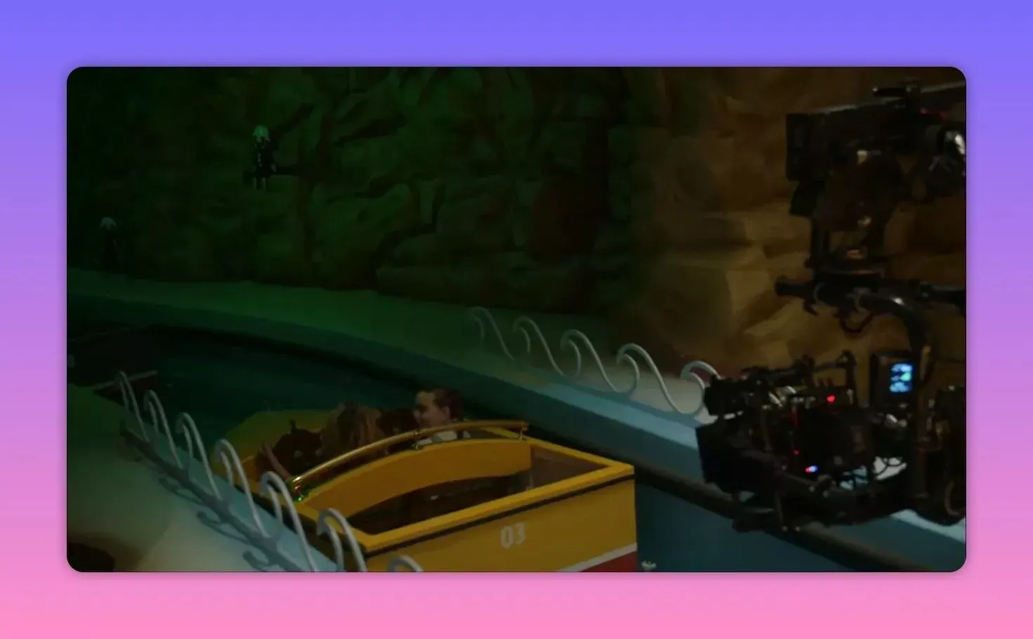 Yellow log‑ride boat on an indoor river attraction inside Fazbear's pizzeria with a camera rig filming alongside.