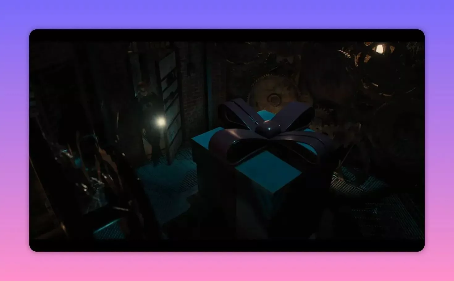 large wrapped gift box with an oversized bow in a dim mechanical room filled with gears, as a figure enters holding a flashlight