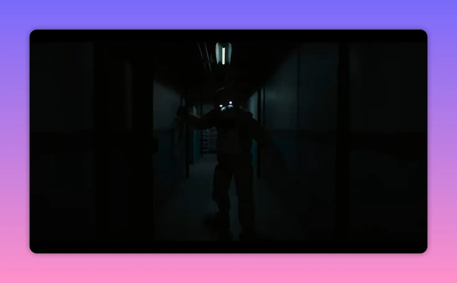 Full-body silhouette of an animatronic walking down a dark corridor with glowing eyes
