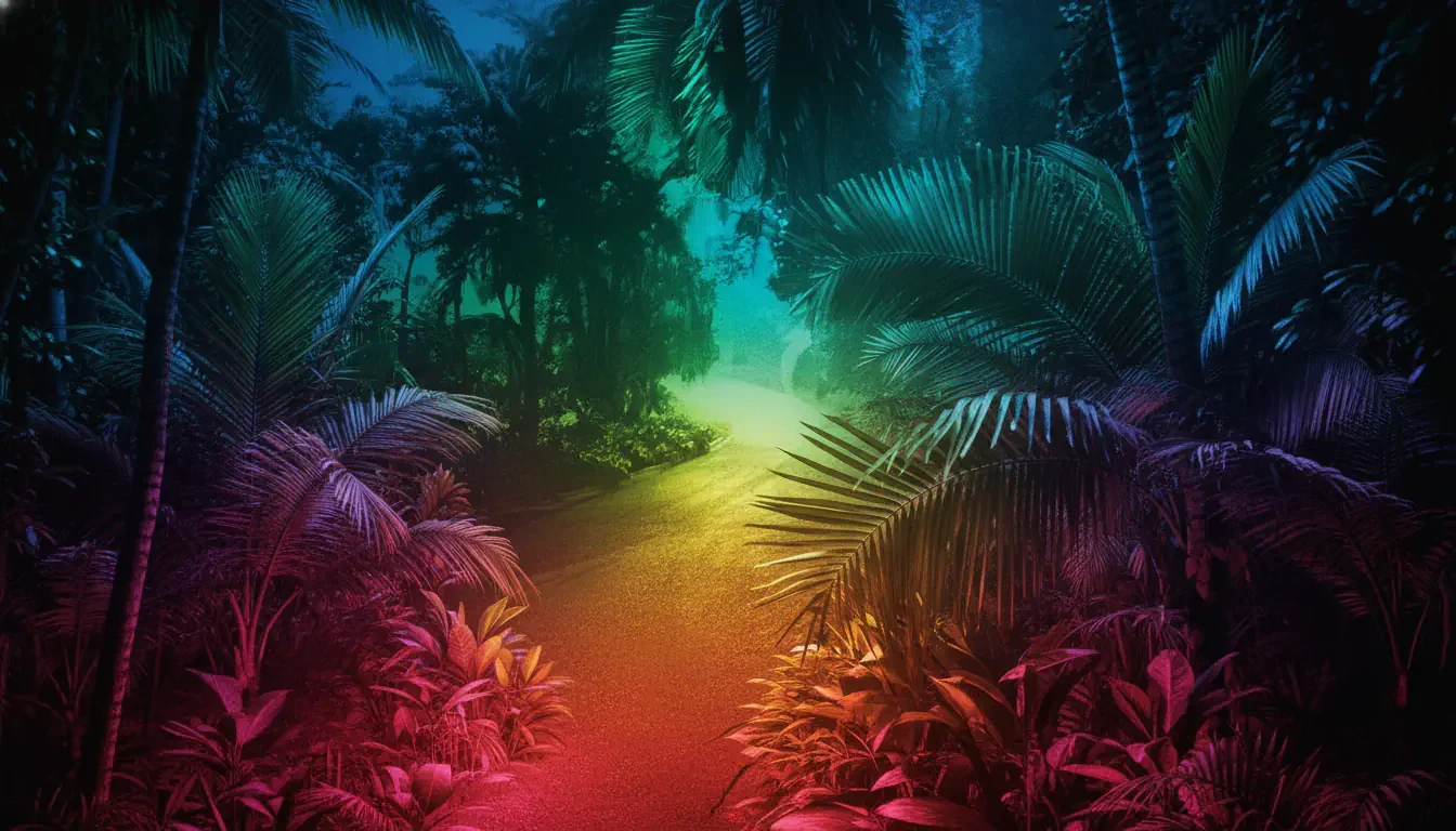 A vibrant jungle path glows with rainbow colors, shifting from red and orange in the foreground to green, blue, and teal deeper in the scene&mdash;a surreal atmosphere reminiscent of a psychological thriller like We Were Never Here.