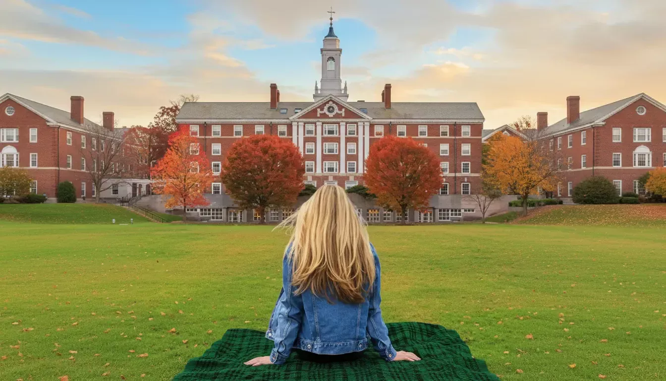 A woman with long blonde hair, wearing a blue denim jacket, sits on a green blanket on a large grassy lawn facing The Academy, a grand red-brick boarding school drama unfolds among autumn trees with red and orange leaves under a partly cloudy sky.