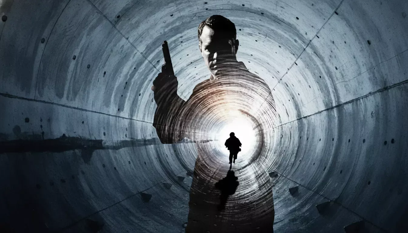 A silhouette of a man holding a gun faces forward, superimposed over a tunnel with concentric rings. Evoking the suspense of the first Harry Bosch novel, another person runs toward a bright light at the tunnel’s end, heightening the urgency and intrigue.