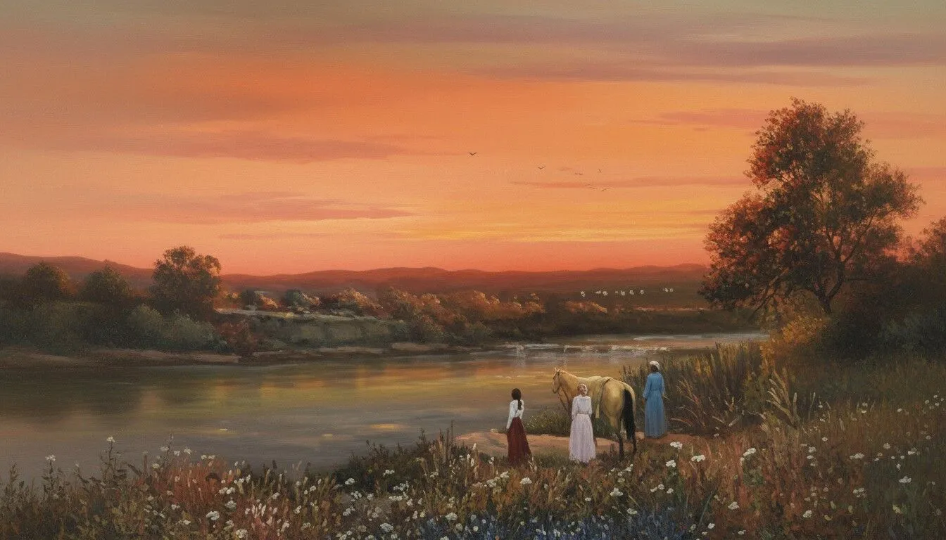 Three women in long dresses stand by a calm riverbank at sunset with a horse, surrounded by wildflowers and grasses. The scene evokes a historical novel, with distant hills and a tree line framing the peaceful, rural landscape.