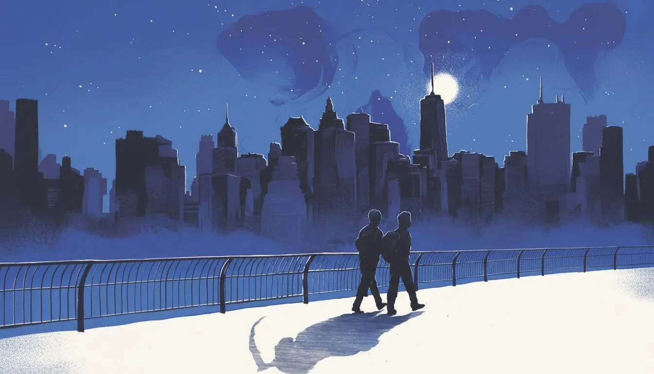 Two people walk side by side along a railing at night, casting long shadows. The city skyline glows under a bright moon, recalling the poignant atmosphere of Adam Silvera’s They Both Die at the End—a perfect scene for any book review.