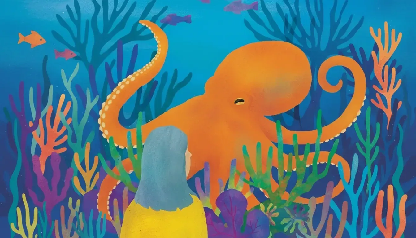 A person with long blue hair and a yellow shirt stands underwater, facing a large orange octopus surrounded by colorful coral and seaweed—a scene reminiscent of the heartwarming novel "Remarkably Bright Creatures.