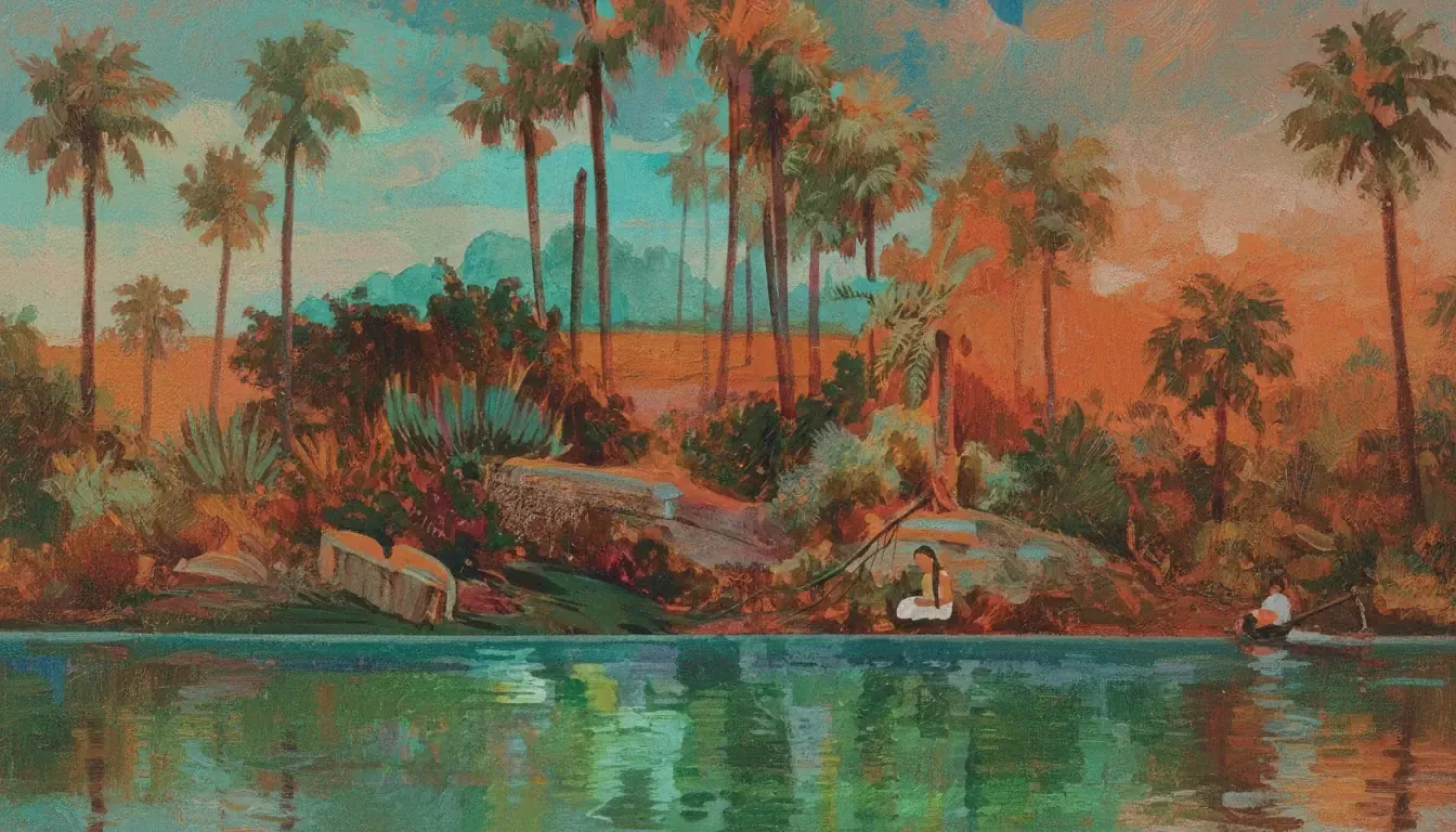 A vibrant painting depicts two people in small boats on a calm river, surrounded by lush greenery and tall palm trees—a scene reminiscent of Abraham Verghese's "Covenant of Water," with a tropical serenity worthy of Oprah’s Book Club.