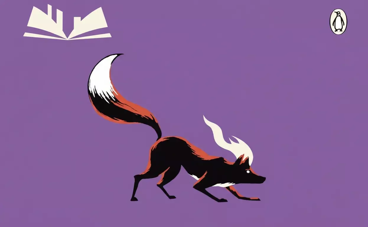 A stylized illustration of a fox with a black, orange, and white tail stalks low against a purple background. An open white book hints at The Last Devil to Die, evoking Thursday Murder Club and mystery review vibes alongside the Penguin Books logo.