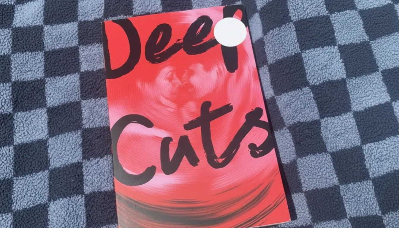 A book with a red and black swirled cover, titled "Deep Cuts" in bold black script, lies on a blue and gray checkered fabric surface. A round white sticker is placed near the top right of the book cover.