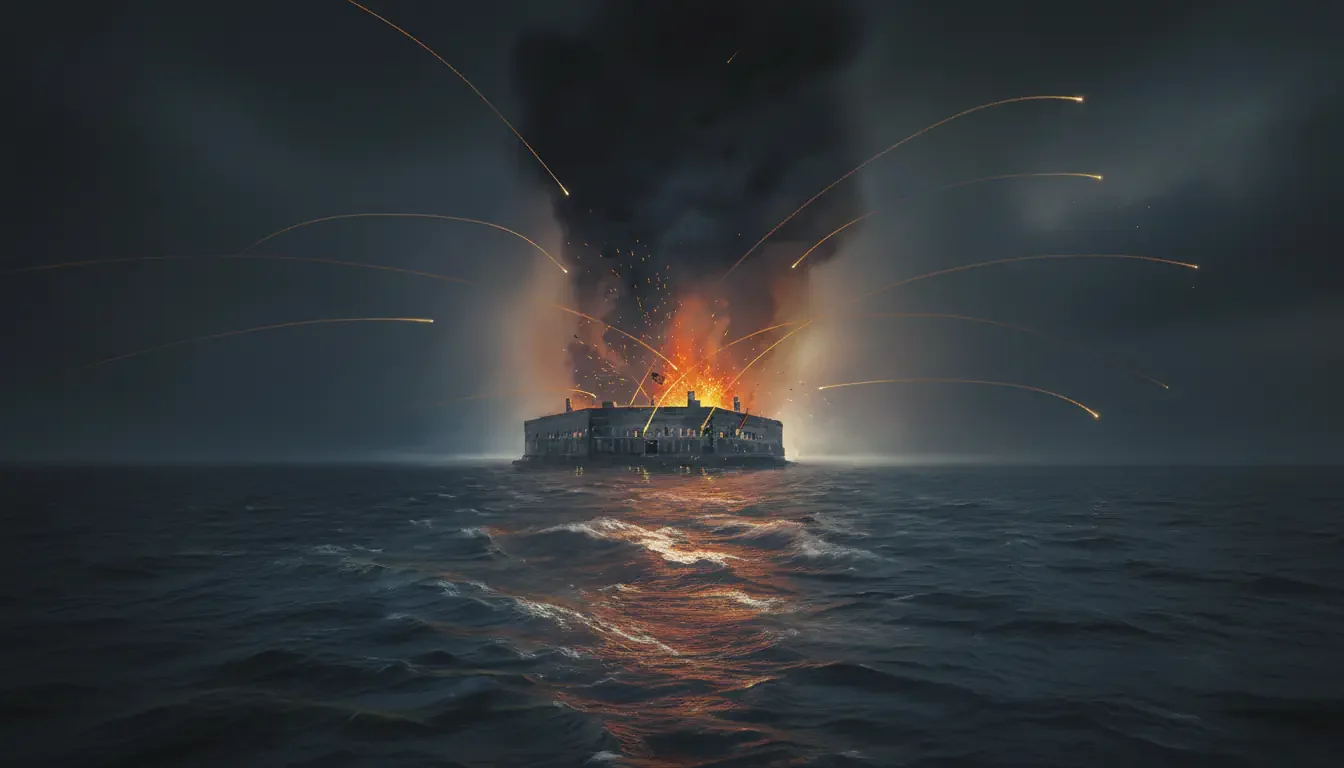 A dark, stormy sea surrounds a fort engulfed in flames and thick black smoke&mdash;a dramatic Civil War scene reminiscent of Erik Larson's Demon of Unrest, with fiery cannonballs arcing through the night sky above turbulent waves.
