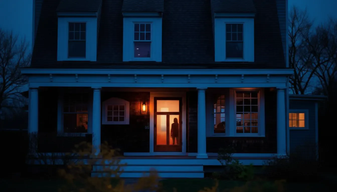 A two-story house at night with lit windows and a glowing porch light. A person stands silhouetted in the doorway, creating a sense of mystery&mdash;like a scene from a Reese's Book Club pick or the thrilling novel First Lie Wins.