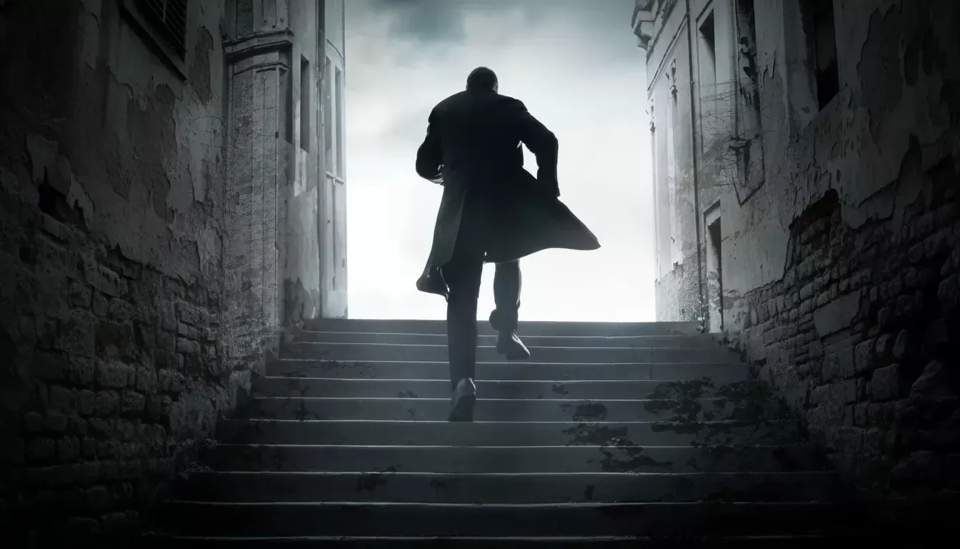 A person in a long, dark coat runs up a worn, stone staircase between two old, weathered buildings. The scene is dimly lit, with misty light shining from above, creating a dramatic and mysterious atmosphere.