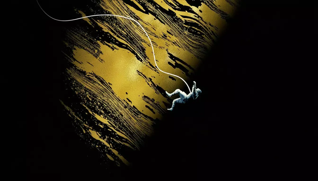 An astronaut in a white suit is suspended by a tether, floating against a dramatic black and gold abstract background—capturing the isolation and vastness of interstellar adventure reminiscent of Andy Weir’s Project Hail Mary.