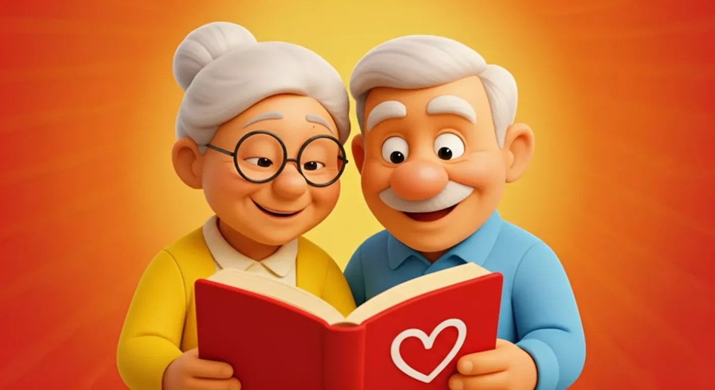Two cheerful, cartoon-style elderly people smile while holding a red book with a white heart on the cover, set against a warm orange background—perfectly capturing the joy of Heartwarming Stories and Uplifting Tales for seniors.