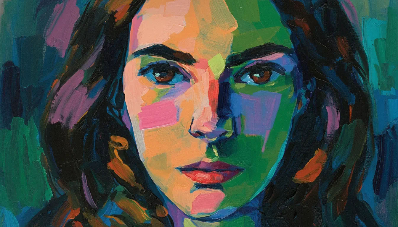 A colorful, expressive oil painting of a woman&rsquo;s face. Bold strokes of green, blue, pink, and orange highlight her features. She has intense brown eyes, wavy hair, and a calm expression, set against an abstract, multicolored background.
