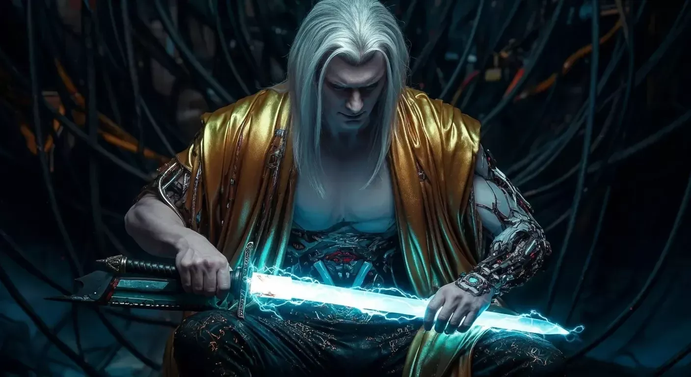A pale, long-haired warrior in ornate golden robes sits solemnly, holding a glowing blue sword across his lap. Dark cables or tendrils surround him in the background, creating an intense, mystical atmosphere. His expression is serious and focused.