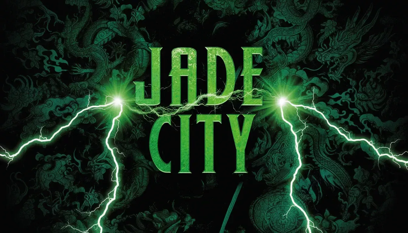 Green lightning bolts flank and illuminate bold, green text reading “JADE CITY” against a dark background with intricate dragon patterns and swirling designs, setting a mystical stage worthy of a fantasy masterpiece or an epic clan war.