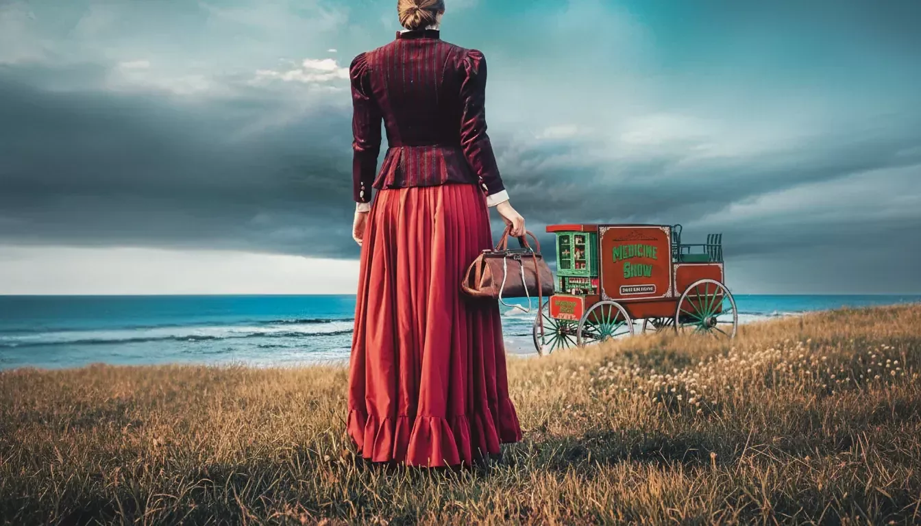 A woman in a long red dress stands on grass facing the ocean, holding a vintage handbag. In the distance, the Medicine Woman of Galveston’s red wagon with green “Medicine Show” signs evokes echoes of quackery beneath a dramatic, cloudy sky.