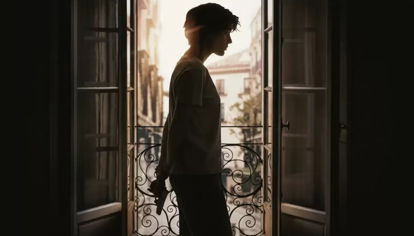 A person stands in profile on a balcony framed by open double doors, with sunlight illuminating their silhouette. Ornate iron railings and a cityscape with old-style buildings are visible in the background. The scene feels peaceful and contemplative.