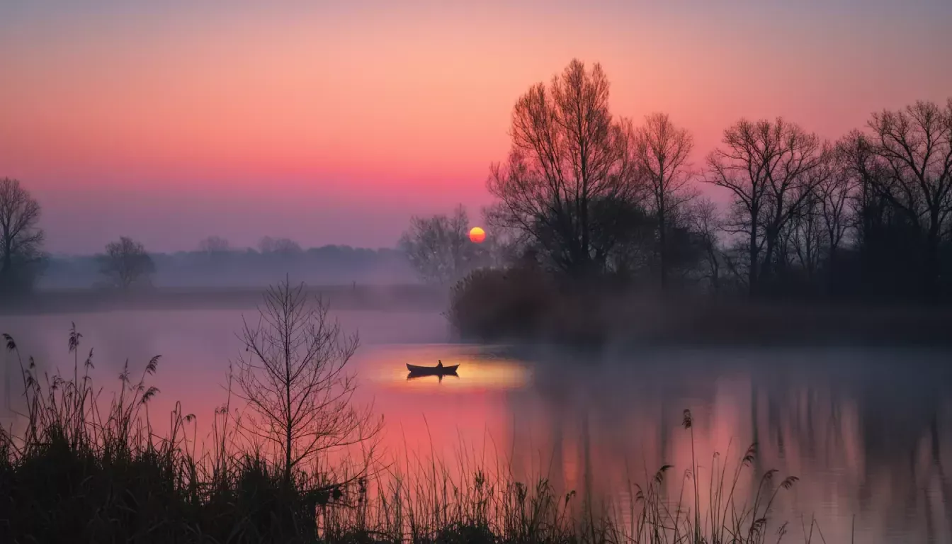 A small boat floats on a calm lake at sunrise in Appalachia. The sky glows with pink, purple, and orange hues as bare trees and reeds line the misty shore—a peaceful scene evoking family survival and hope.