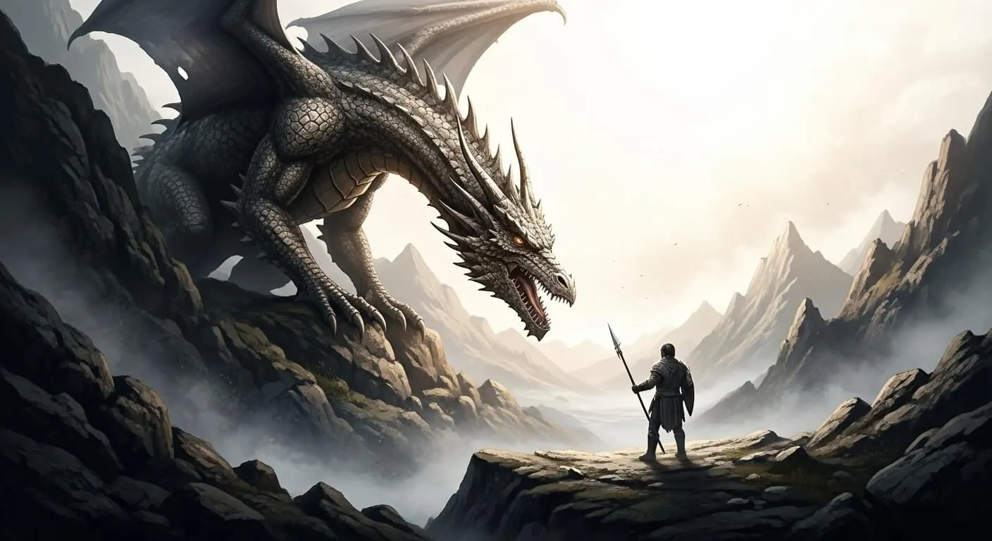 A lone armored figure with a spear faces a massive silver dragon on a rocky mountain pass, evoking Norse-Inspired tales like John Gwynne's Shadow of the Gods. Jagged peaks and swirling mist frame their tense, defiant standoff under a hazy sky.