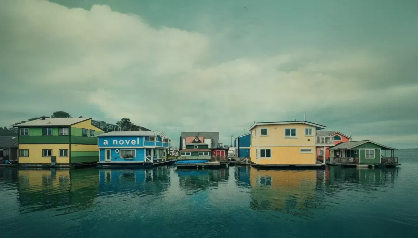Colorful floating houses, including a blue one labeled "a novel," are moored on calm water under a cloudy sky. The peaceful scene evokes the bestseller "The Last Thing He Told Me" by Laura Dave, with reflections and distant buildings in view.