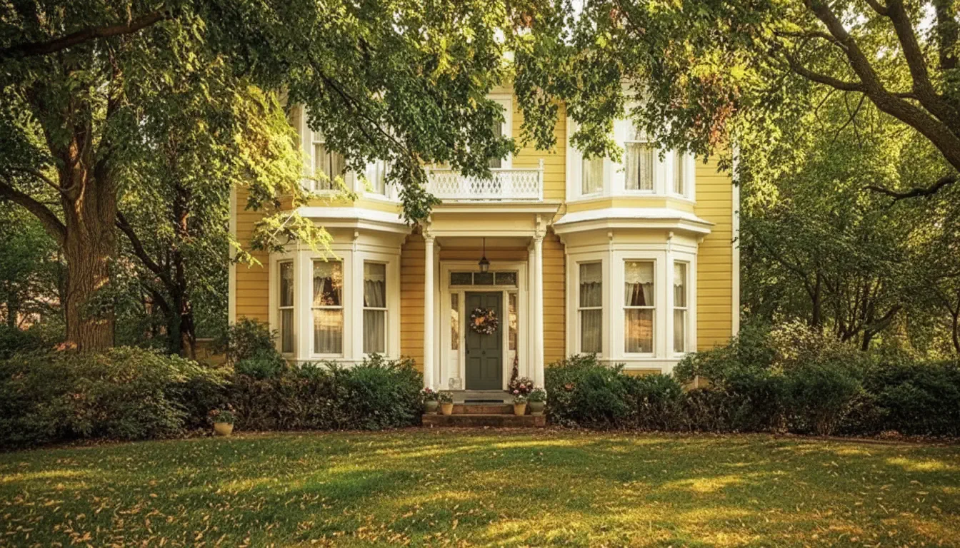 A charming yellow Victorian house with white trim and bay windows sits beneath leafy trees. A wreath hangs on the front door, and flowerpots decorate the steps. Sunlight filters through the branches, casting dappled light on the green lawn and surrounding shrubs.