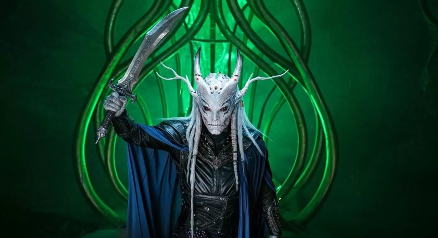 A fantasy character with pale skin, white hair, and a horned, spiked crown raises a sword. Clad in black armor and a blue cape, they evoke the Zenith of power as glowing green patterns create a mystical Sun Eater Saga atmosphere.