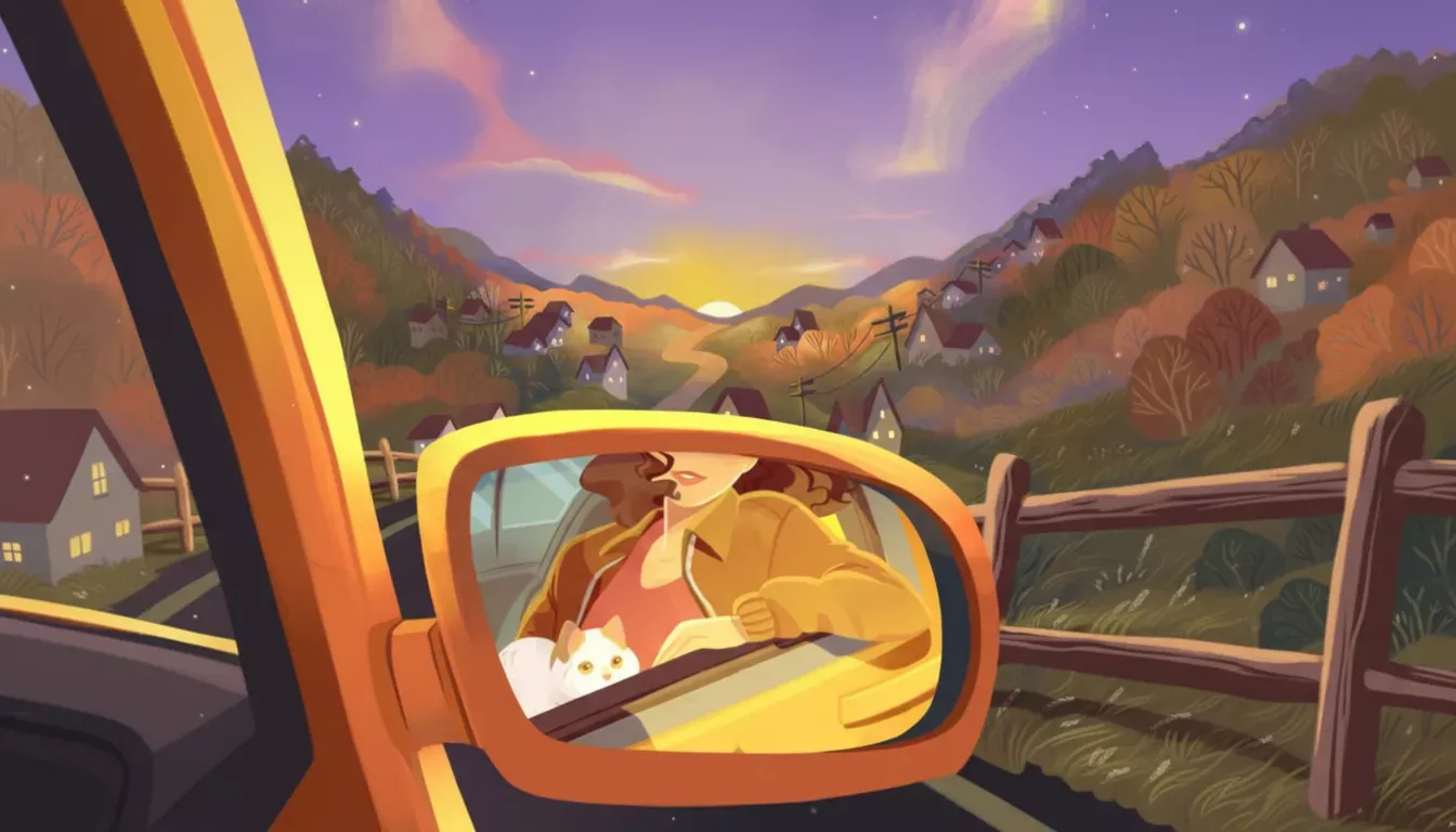 A woman with wavy brown hair and a yellow coat drives a car through a scenic valley at sunset. A white cat sits on her lap. Autumn trees and houses line the hills. The woman and cat are seen reflected in the car’s side mirror. The sky is tinged purple and yellow.