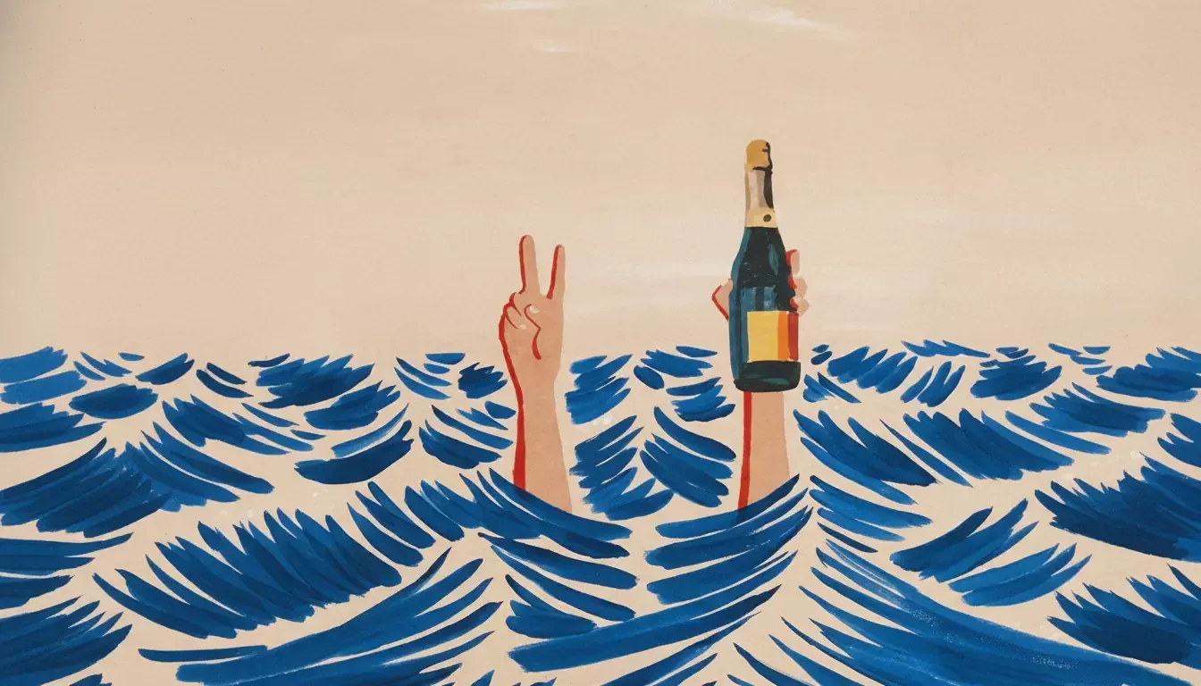 A person is submerged in stylized blue waves with only their arms visible. One hand holds up two fingers in a peace sign, while the other raises a champagne bottle—an image evoking celebration, reminiscent of The Wedding People by Alison Espach.