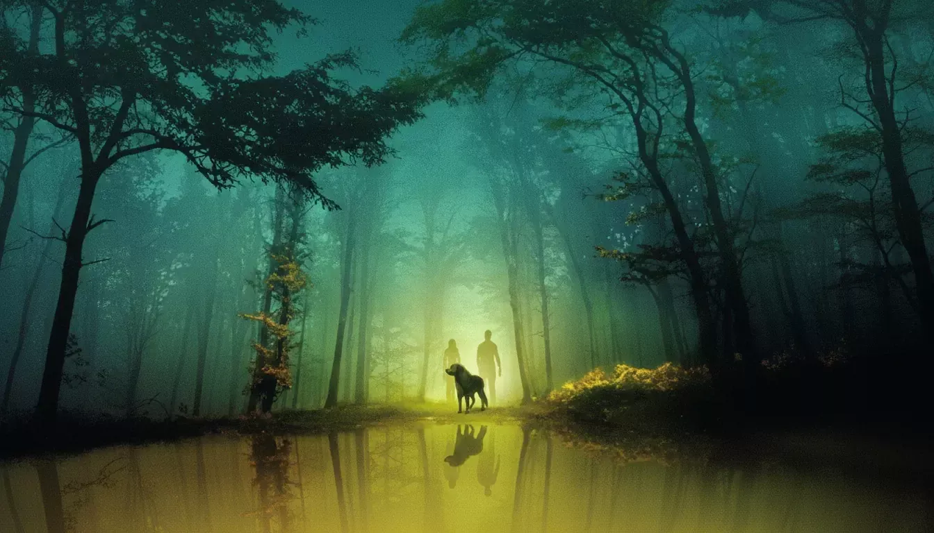 Two silhouetted figures and a dog stand in a misty, green-lit forest—an atmosphere reminiscent of a classic thriller plot. Their reflections shimmer in a calm, yellow-tinged pool as light streams through the mystical trees.