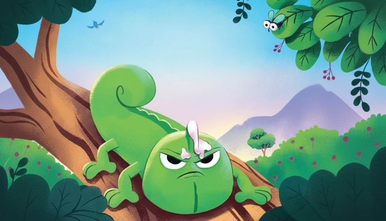 A cartoon chameleon with an angry face and a bandage on its head climbs a tree trunk in this lively picture book for kids. Another chameleon with surprised eyes peeks from leafy branches as mountains, bushes, red berries, and a blue bird complete the scene.