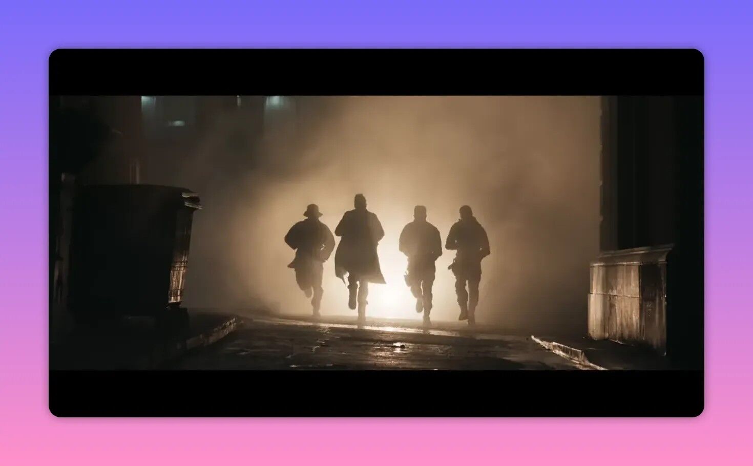 Four silhouetted figures running through fog toward a bright light on a wet street.
