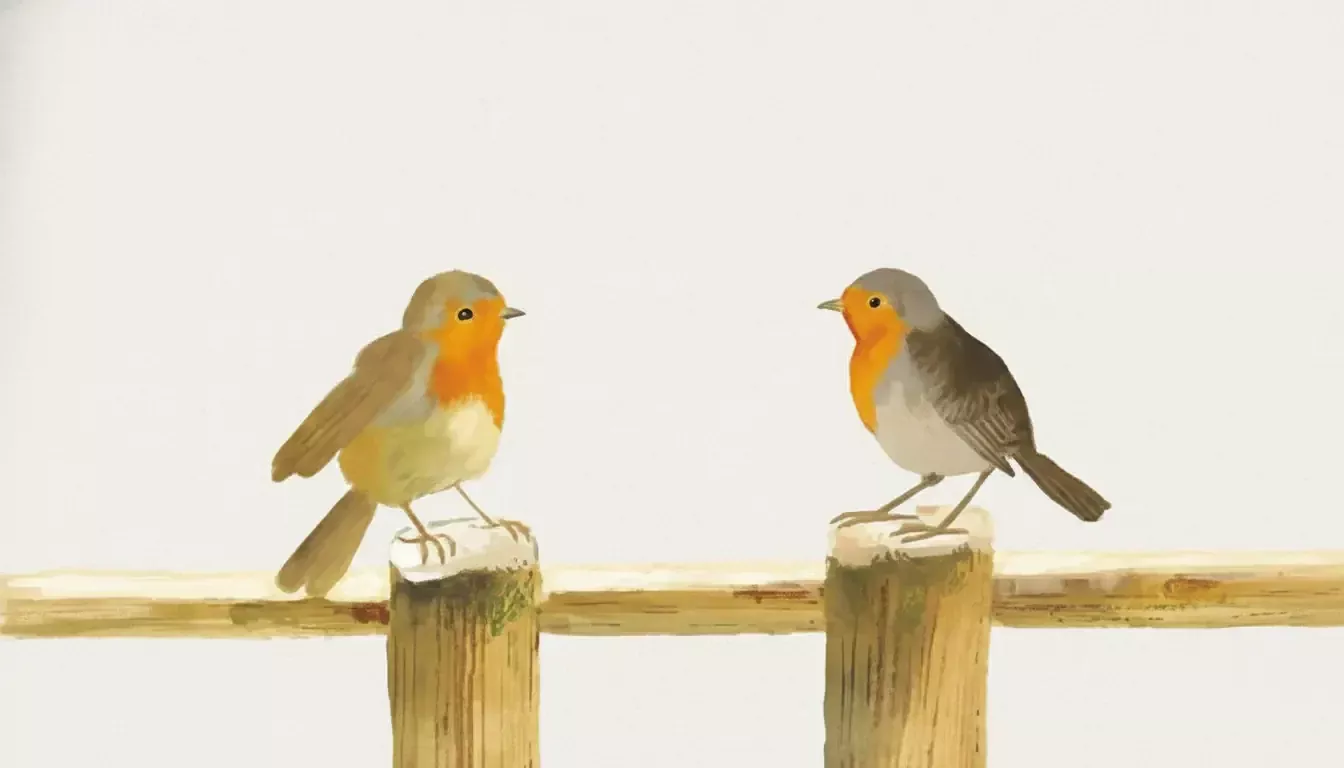 An illustration of two robins with orange chests and brown feathers perched on wooden posts. The calm scene evokes the warmth of word-of-mouth stories, as the birds face each other in a gentle, peaceful atmosphere.