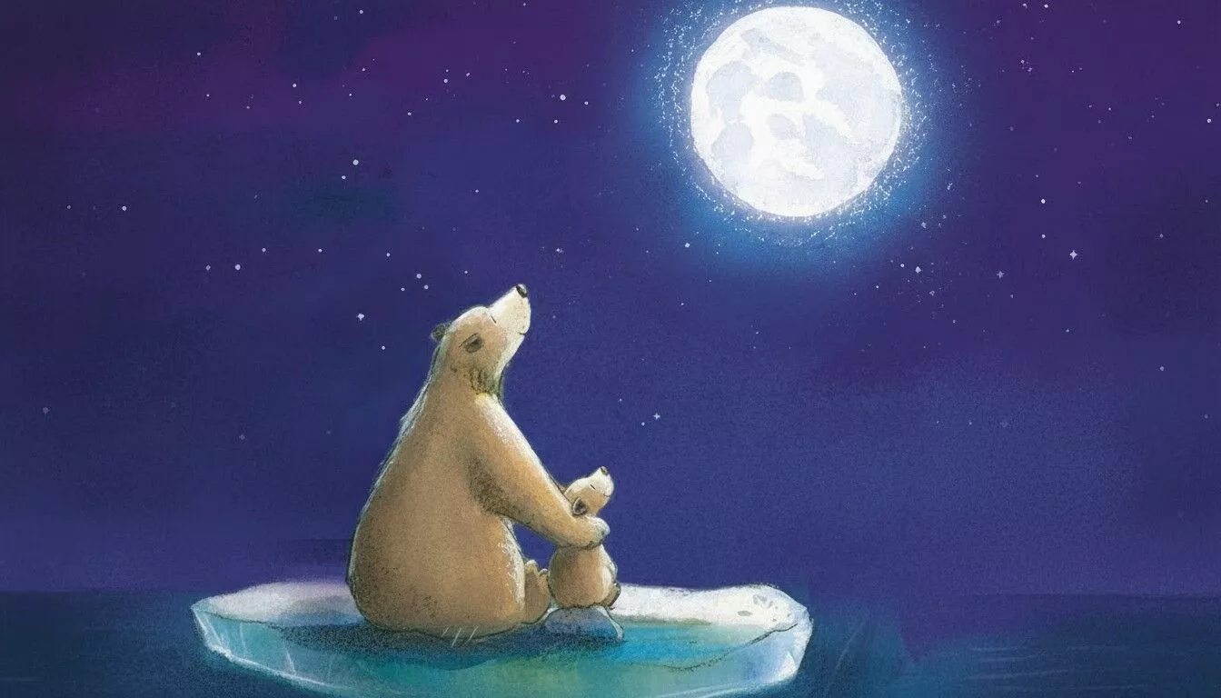 A large bear and a small bear cub sit together on a floating piece of ice, gazing up at a bright full moon in a starry night sky—a peaceful, dreamy scene that parents will cherish, reminiscent of I Love You to the Moon and Back.