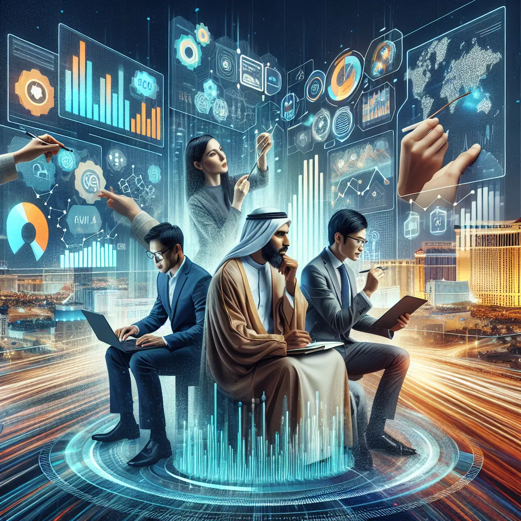 Four diverse business professionals sit back-to-back, using laptops and tablets, surrounded by glowing digital graphs and charts—symbolizing data-driven marketing. A futuristic cityscape and dynamic light trails emphasize innovation, global technology collaboration, and business success.