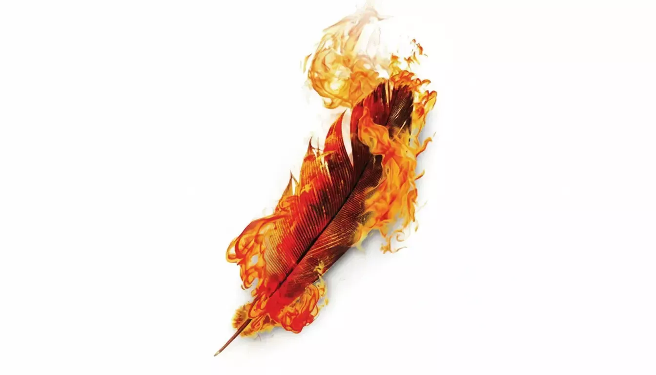 A single red feather is engulfed in bright, vivid flames against a plain white background—much like the intensity found in Pierce Brown’s new saga. The fire curls around the feather, creating an intense contrast between deep reds and fiery yellow-orange hues.