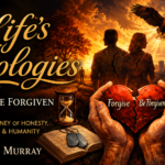 A dramatic book cover for "Life’s Apologies" by Carolann Murray features a couple facing a sunset, holding a heart labeled "Forgive" and "Be Forgiven." The background shows a city skyline, eagle, hourglass, mask, and an open book, evoking themes of forgiveness and reflection.