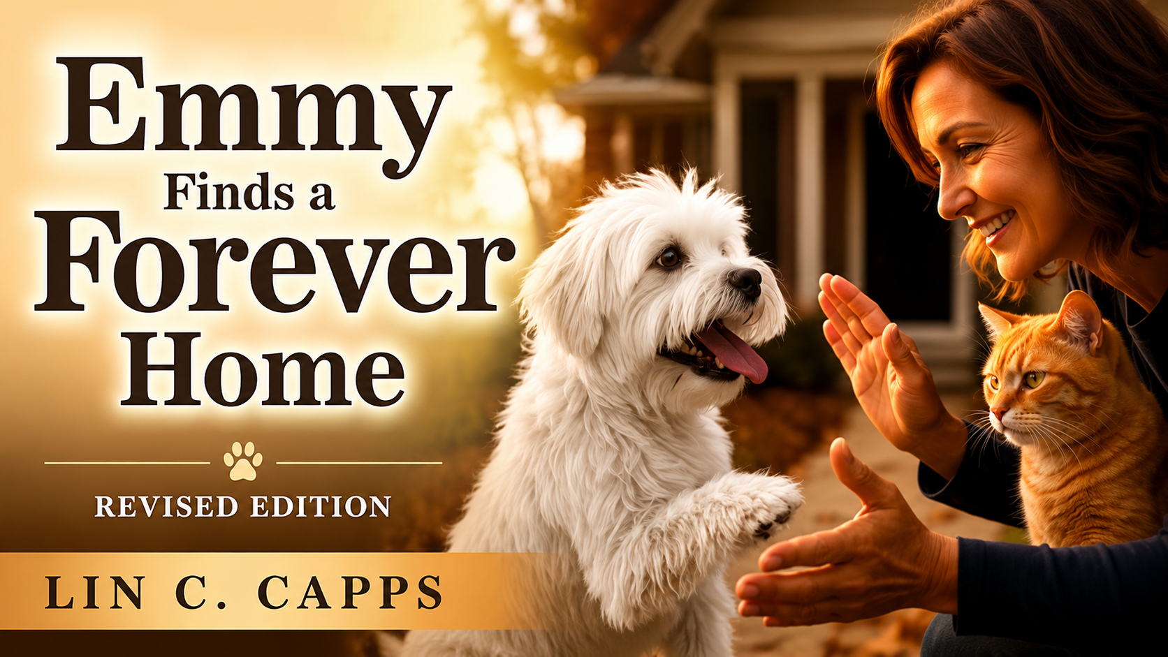 A smiling woman kneels outside a house, reaching out to a happy white dog and an orange cat beside her. Sunlight glows in the background, highlighting human connection. Text reads: "Emmy Finds a Forever Home, Revised Edition, Lin C. Capps.