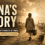 A young girl with braided hair and a suitcase walks down a dirt road toward a distant village. The sepia-toned image features WWII-era suitcases, documents, and a map of Central Europe, with large text: "Anna’s Story—Surviving the Aftermath of WWII.
