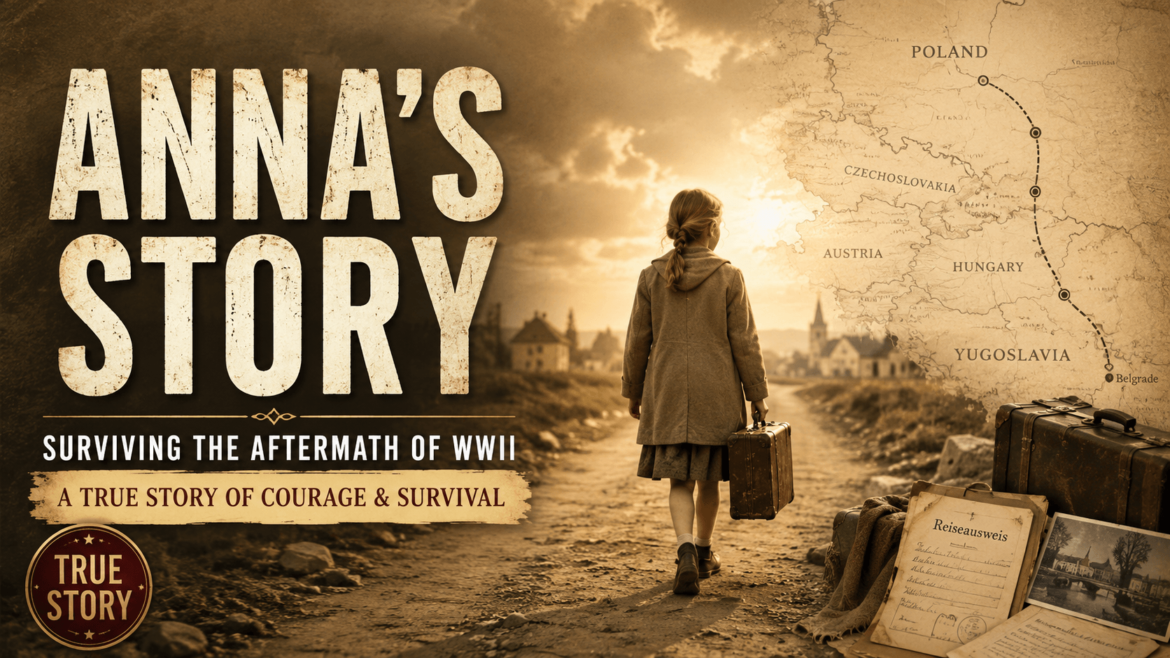 A young girl with braided hair and a suitcase walks down a dirt road toward a distant village. The sepia-toned image features WWII-era suitcases, documents, and a map of Central Europe, with large text: "Anna’s Story—Surviving the Aftermath of WWII.