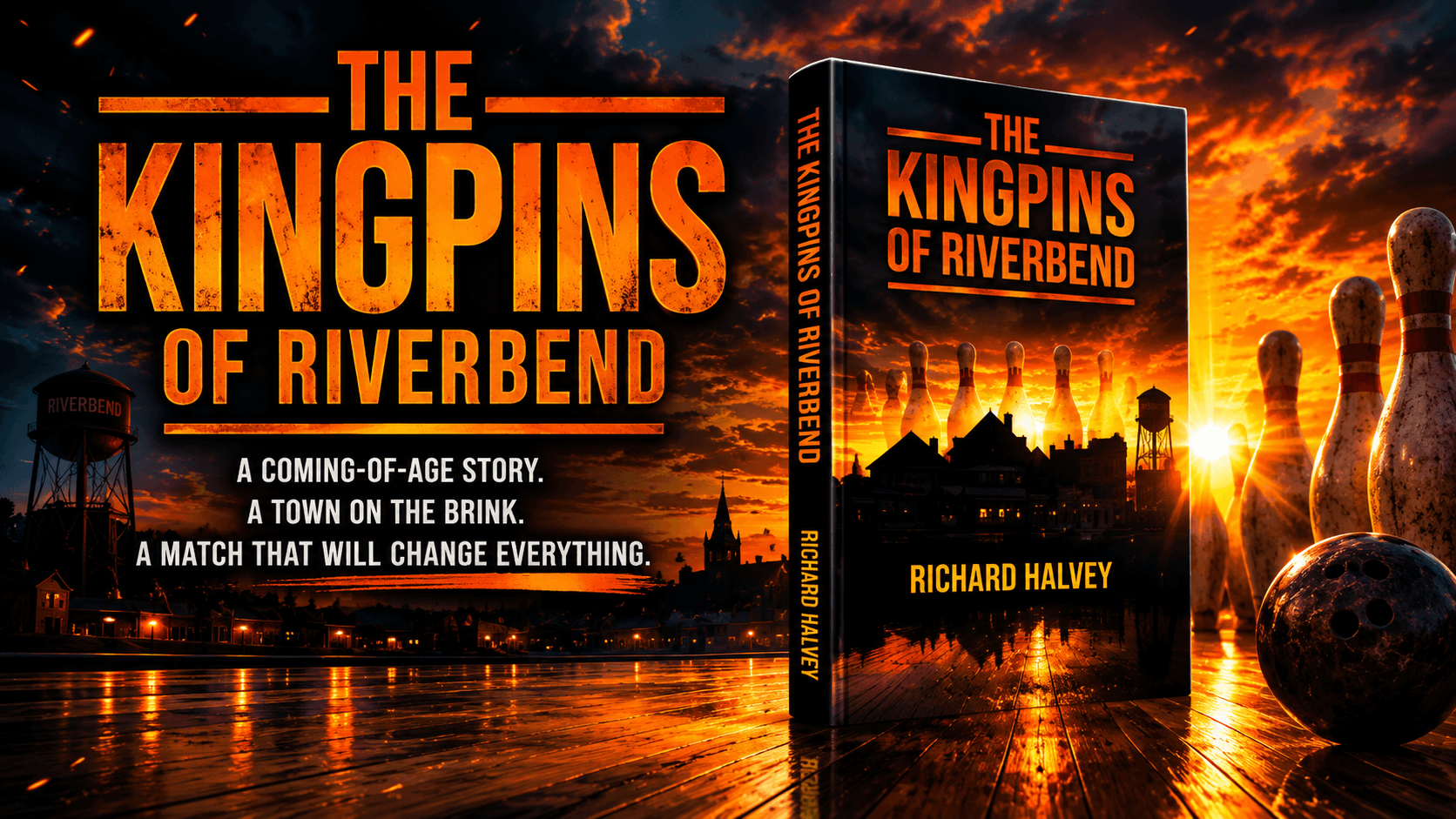 A dramatic book cover for "The Kingpins of Riverbend" shows a small town skyline at sunset with a bowling ball striking pins in the foreground. The text highlights it as a coming-of-age story centered on a critical bowling match.