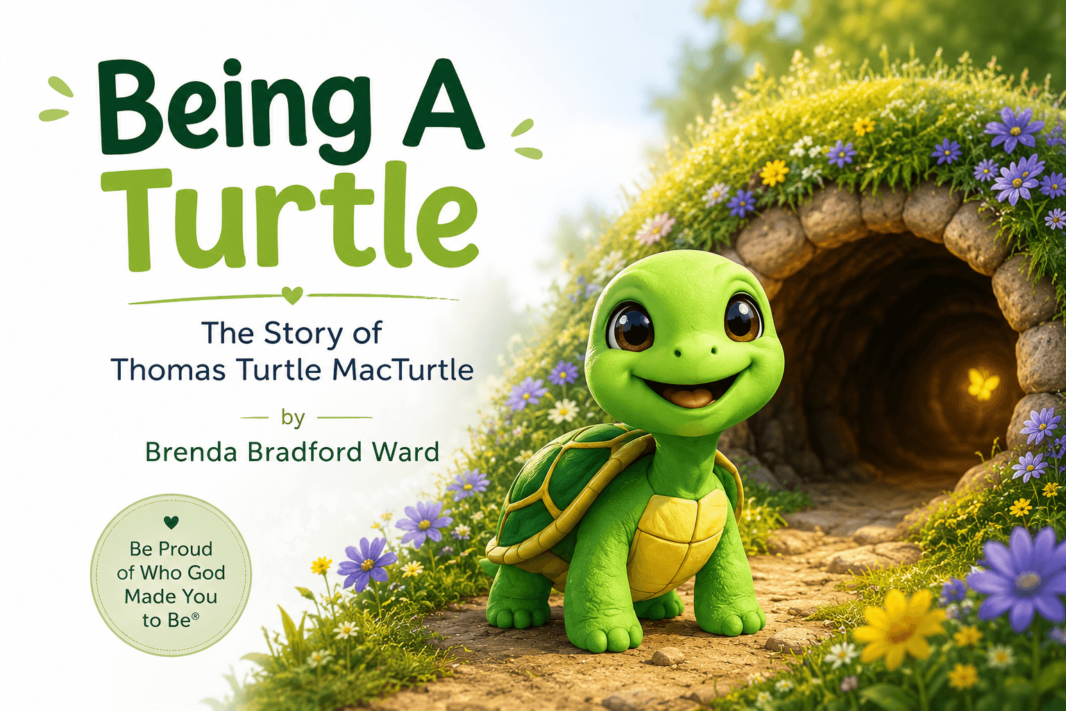 Book cover for "Being A Turtle: The Story of Thomas Turtle MacTurtle" by Brenda Bradford Ward. A smiling green cartoon turtle stands in front of a cozy burrow surrounded by grass and flowers. Text includes "Be Proud of Who God Made You to Be.