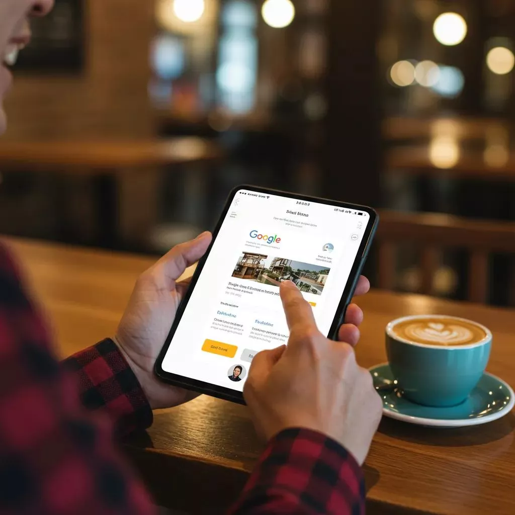Business owner optimizing Google My Business profile in a cozy coffee shop