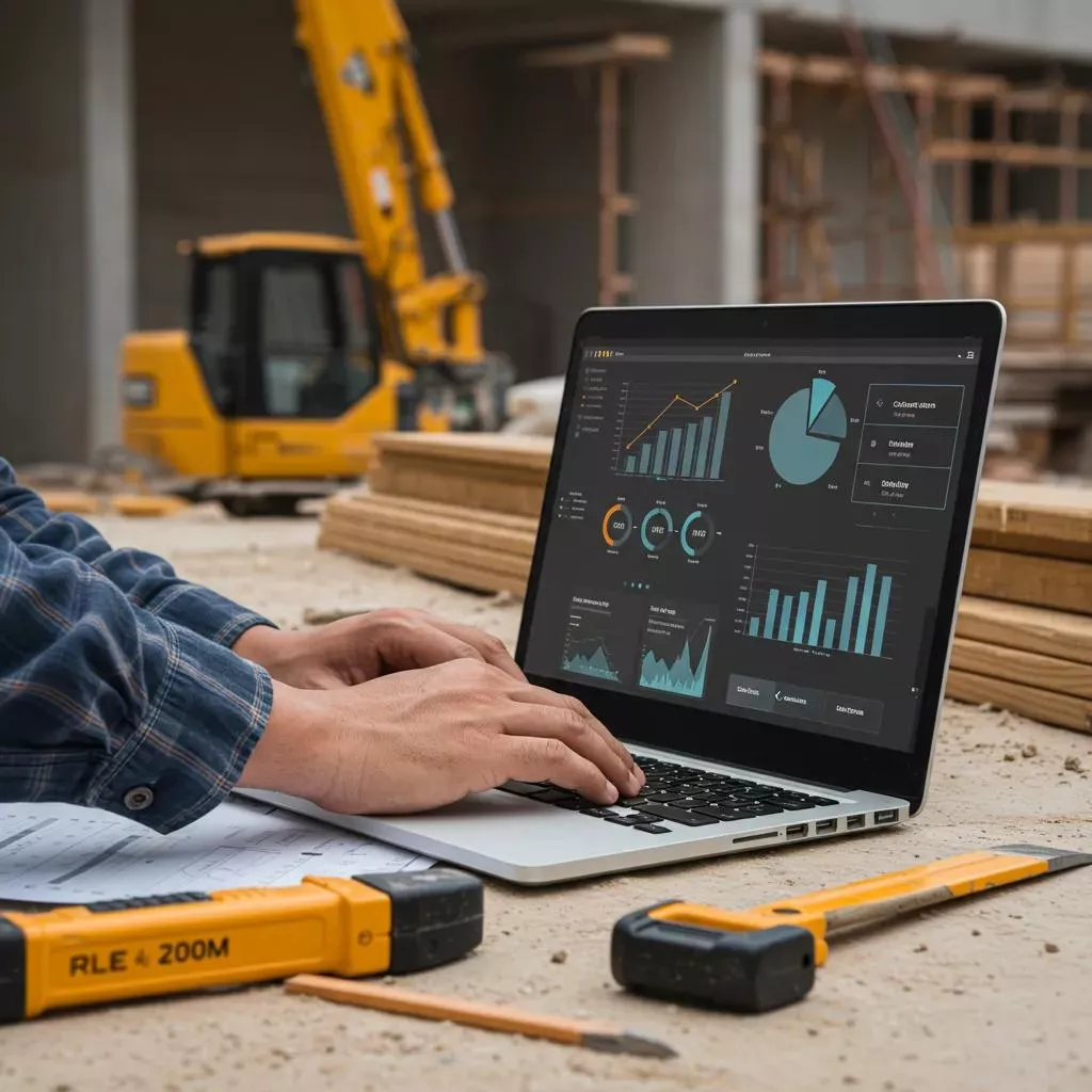 Construction worker analyzing PPC and SEO strategies on a laptop at a job site