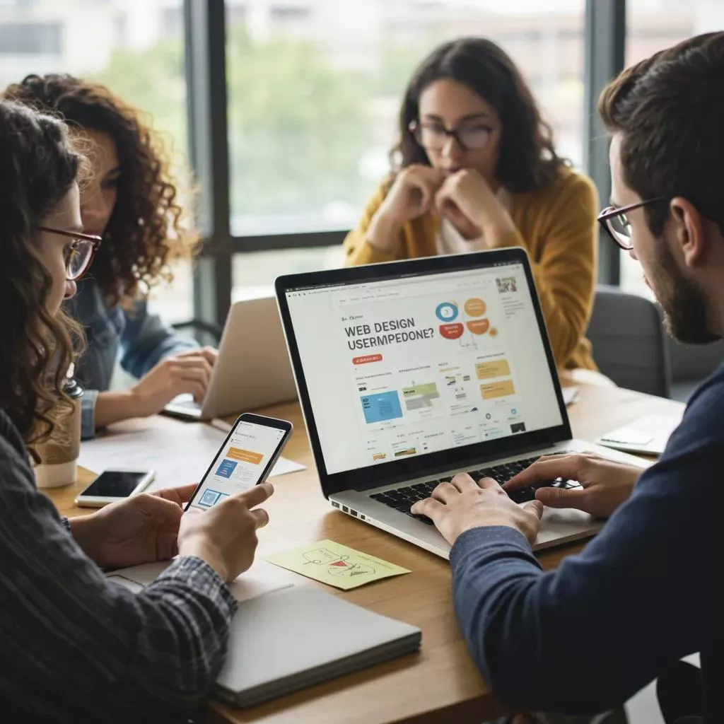 Diverse group of people engaging with a modern website on laptops and smartphones, emphasizing user experience in web design