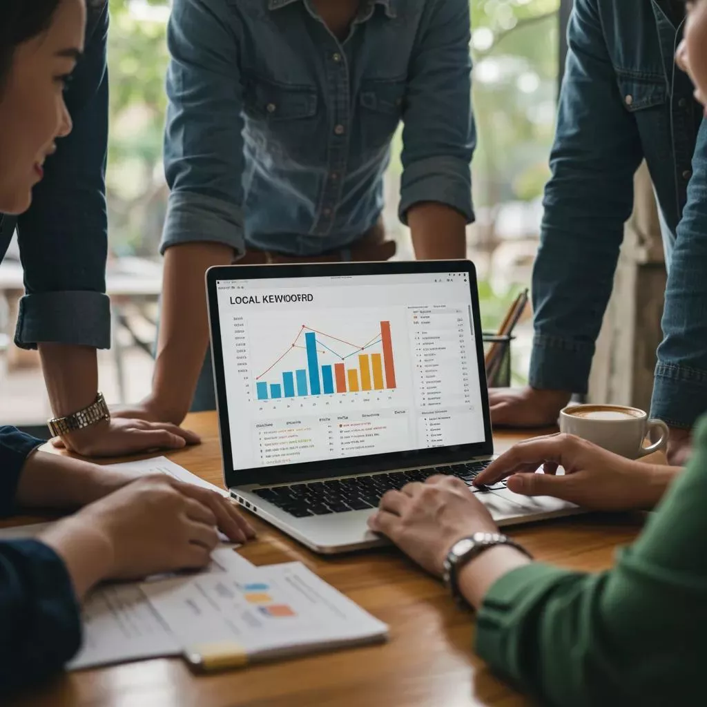 Group of small business owners collaborating on local keyword research in a cozy coffee shop