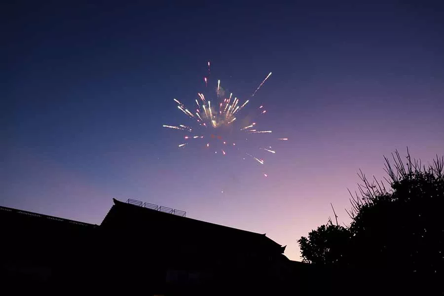 Fireworks over a residential roof