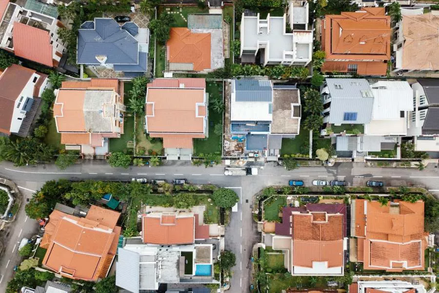 Arial view of houses with solar shingle roof in Kyle